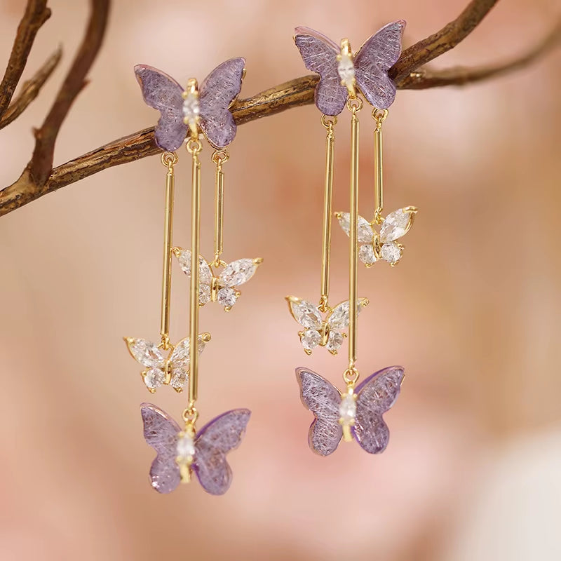 New Fashion Purple Crystal Butterfly Long Tassel Stud Earrings Temperament Sweet and Lovely Jewelry Party Premium Gift Wholesale