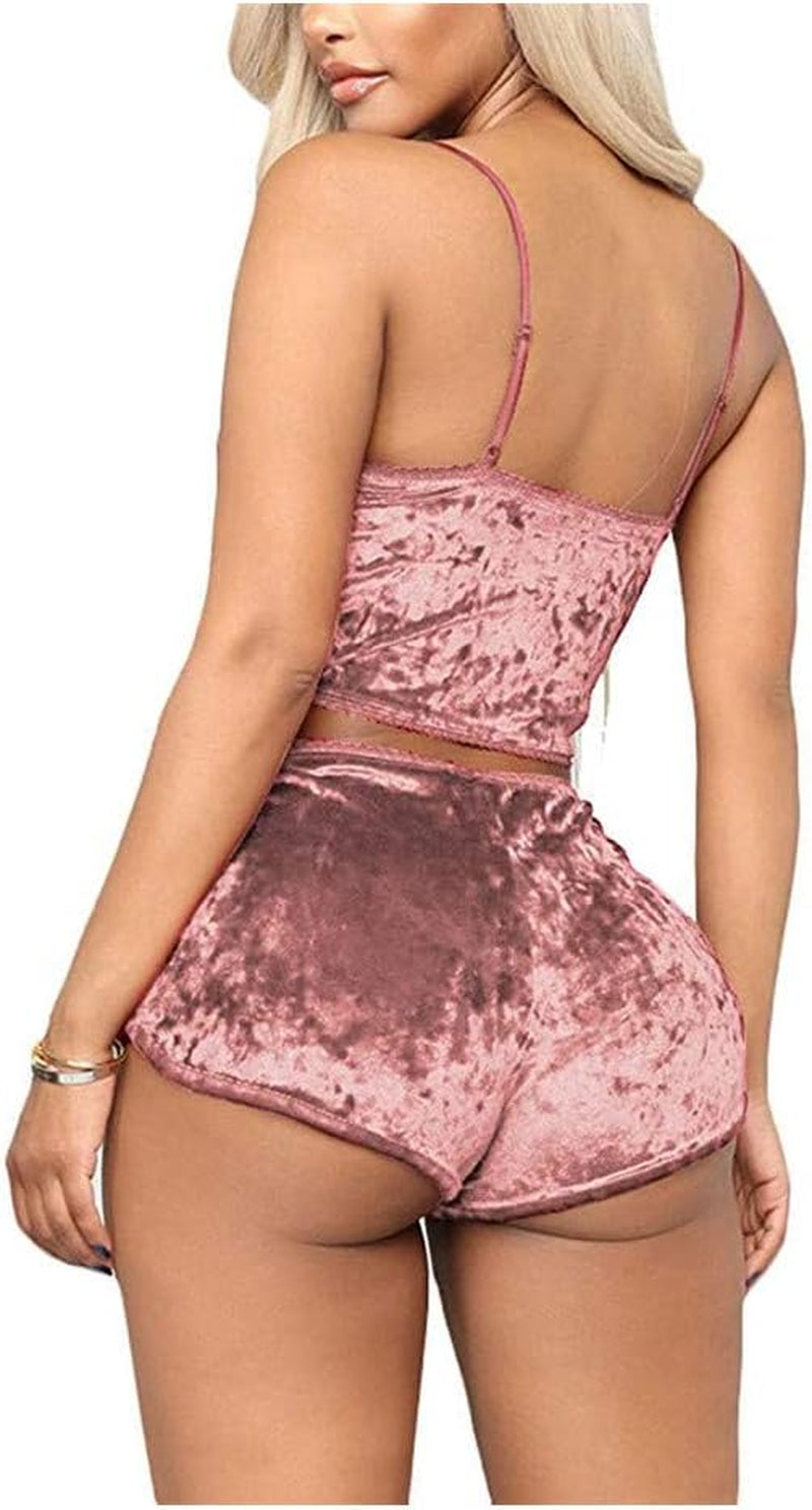 Women'S Velvet 2 Piece Outfit Spaghetti Strap Sleeveless Crop Top Camisole and Shorts Pajamas Set Sleepwear Nightwear